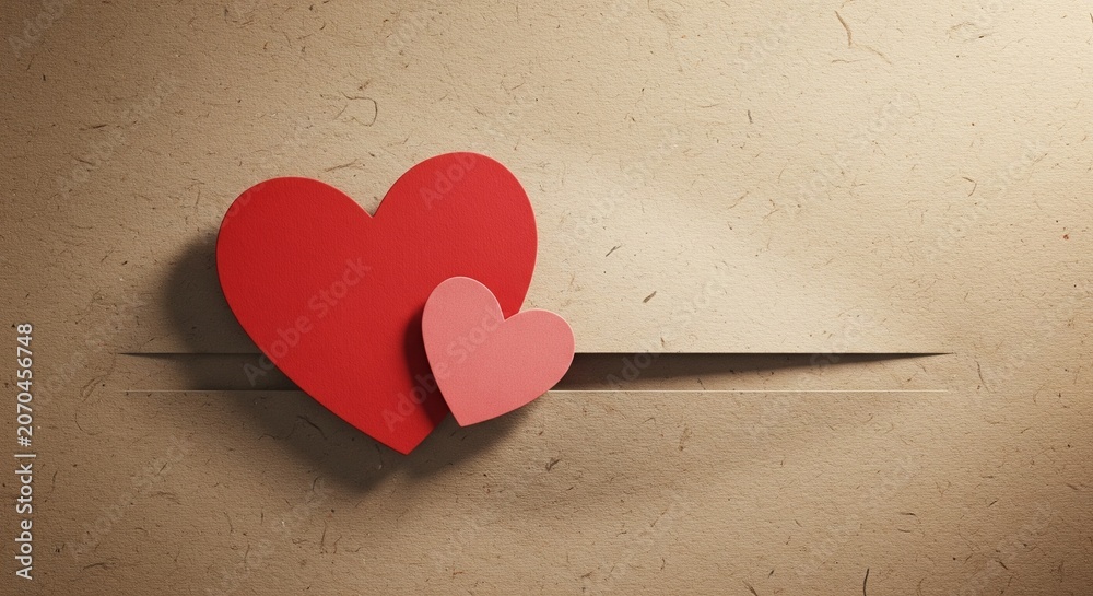 Fototapeta premium Two red and pink paper hearts on textured craft paper background for romantic Valentine's Day greeting card with copy space.