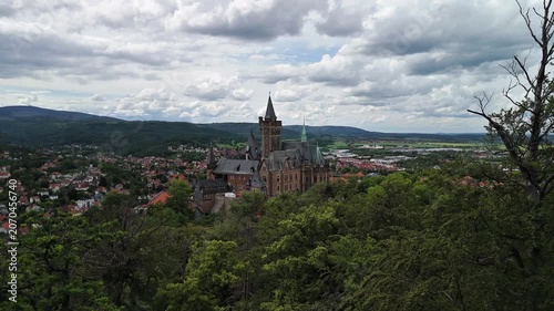 Aerial drone shot flying towards Wernigerode Castle