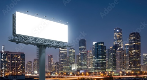 Blank billboard standing before a city skyline at night.