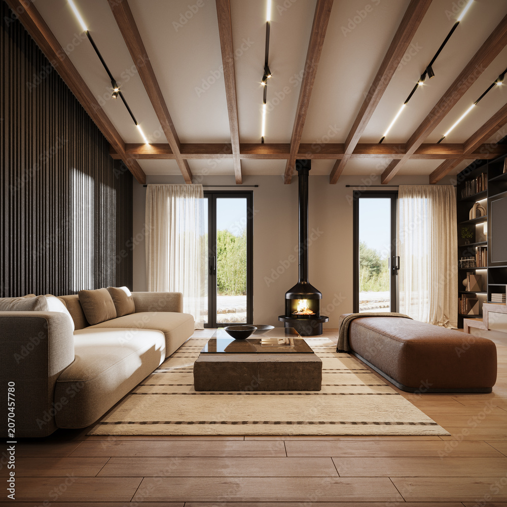 Obraz premium Modern interior design of living room with fireplace. 3D Rendering, 3D Illustration