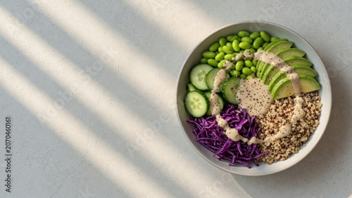 A top-down, minimalist mockup photo of a vibrant vegan .