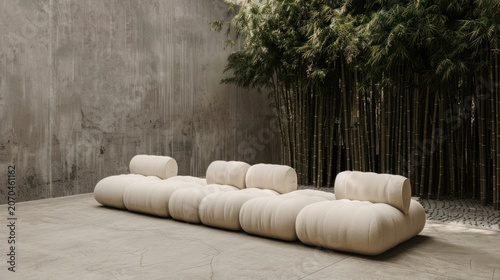 Modern Minimalist Beige Lounge Sofa Set in Indoor Space with Concrete Wall and Green Bamboo Plants