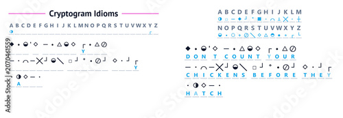 Konstfotografi Cryptogram puzzles with letters and solutions on a white background