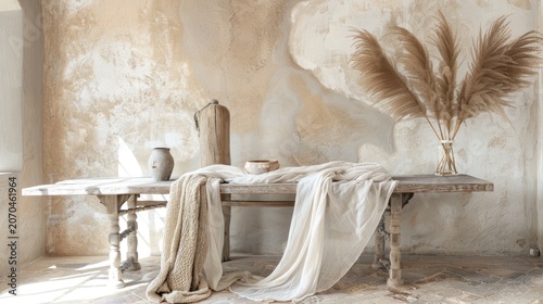 Rustic Wooden Table with Draped Linen and Pampas Grass in Neutral Tones