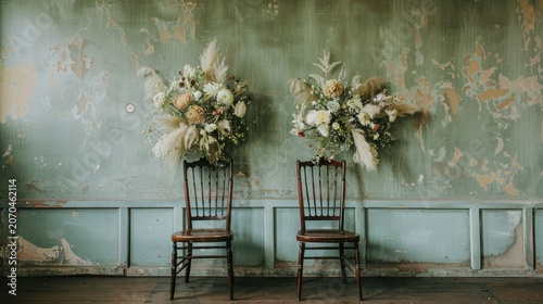 Vintage Wooden Chairs with Elegant Floral Arrangements in Rustic Room