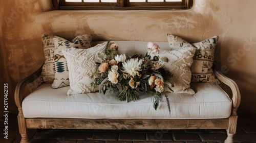 Vintage Wooden Sofa with White Cushions and Elegant Flower Arrangement in Rustic Room