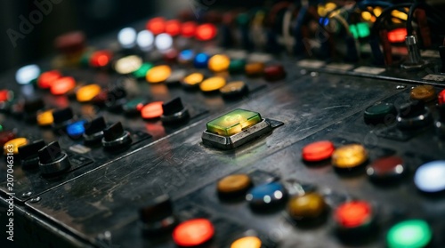 Close up of an industrial control panel with illuminated colorful buttons.