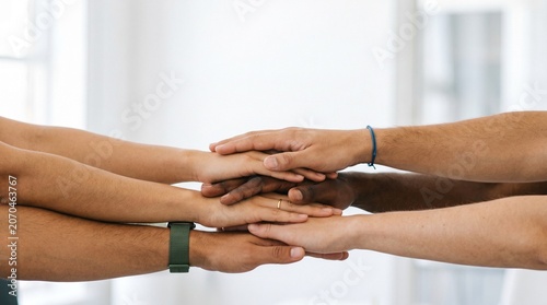 Diverse group of people stacking hands together as a symbol of unity and teamwork