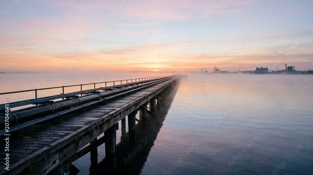 Fototapeta premium A serene view of an old wooden pier stretching into the calm water during a peaceful sunrise.