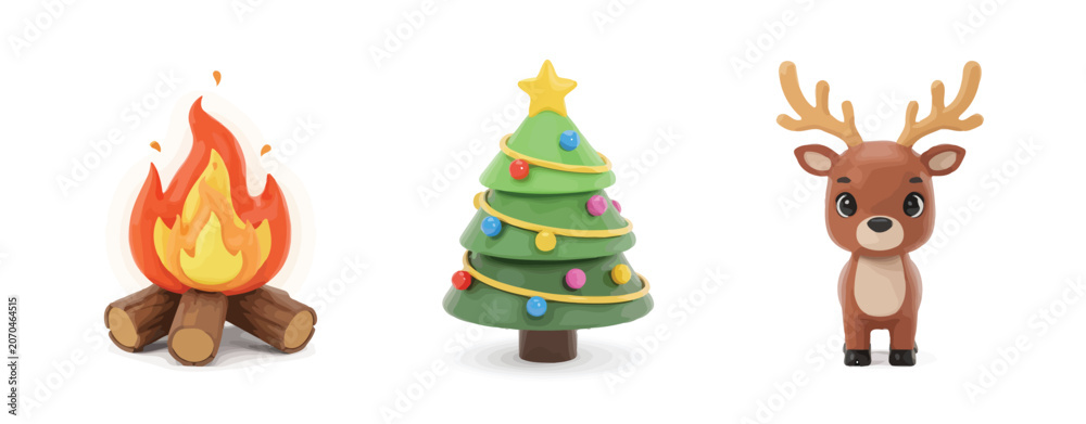 Fototapeta premium Cartoon campfire christmas tree and reindeer illustration