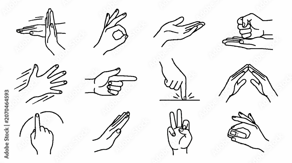 Fototapeta premium Collection of hand gesture line art icons showing various finger movements and signals.