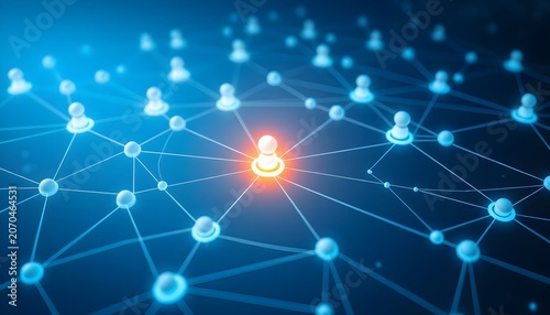 A glowing orange network node connects with many blue nodes in a dark background.