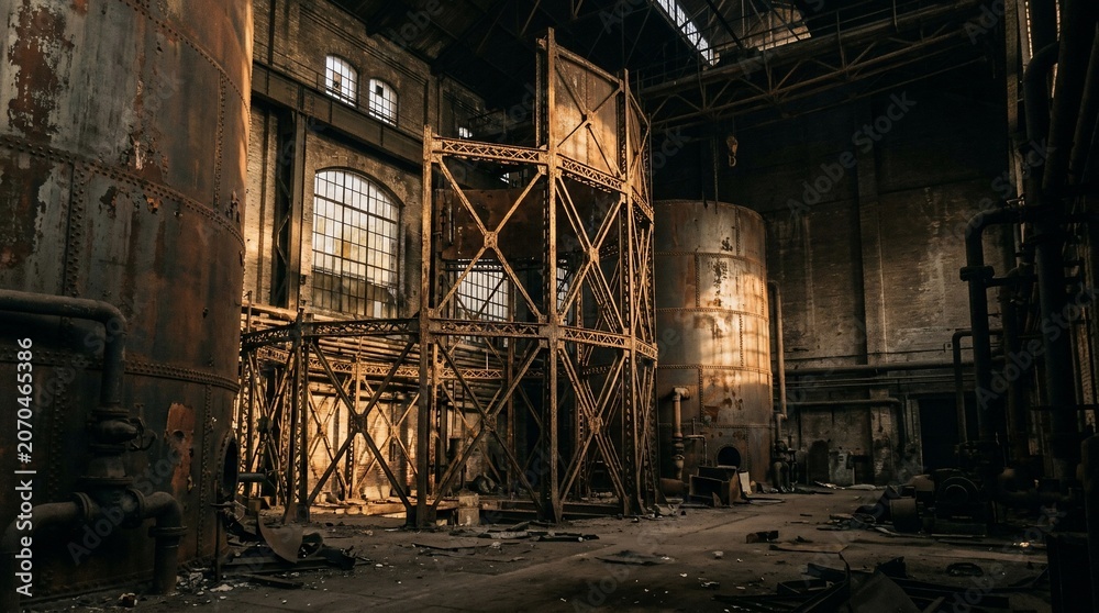 Fototapeta premium Abandoned Industrial Interior with Rusty Metal Scaffolding and Dramatic Lighting.