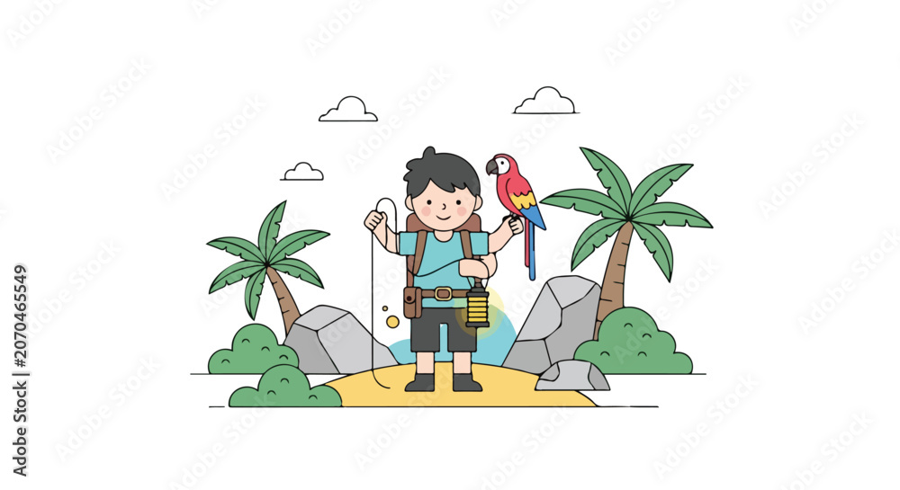 Fototapeta premium A charming vector illustration of a young boy adventurer with four arms standing on a tropical island with his pet parrot and gear.