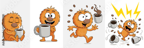 Tableau sur toile Fuzzy character and coffee spree: A cartoon character navigates its relationship with coffee through various stages, from sleepy enjoyment to energetic chaos