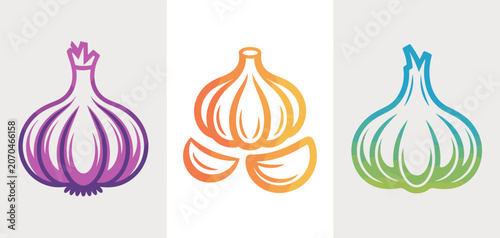 Schilderij op canvas Garlic Graphic Icons: A trio of stylized garlic graphic icons in vibrant purple, gradient orange, and cool green, showcasing the versatile bulb in a clean, modern design