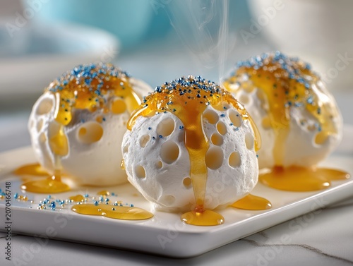 Three delicious spherical meringue desserts topped with golden honey syrup and blue sprinkles served on a white plate