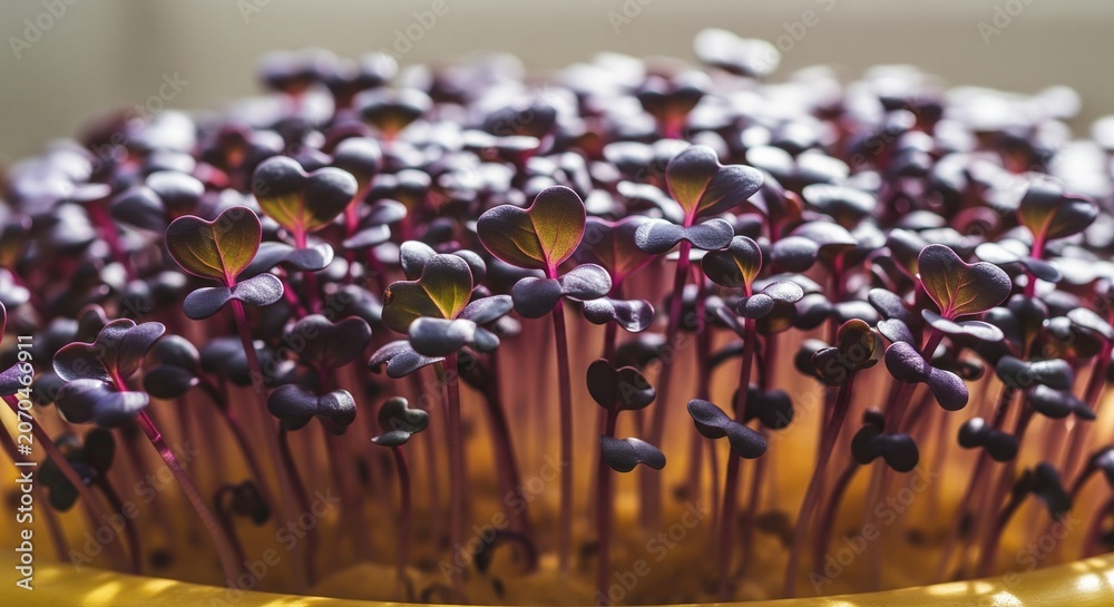 Fototapeta premium Vibrant Red Cabbage Microgreens Growing in Pot, Close-up Macro Photography of Healthy Seedlings with Purple Leaves and Yellow Background, Ideal for Food Blogs and Healthy Eating Concepts