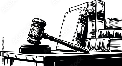 Judge's gavel resting on sound block with stacked law books on desk