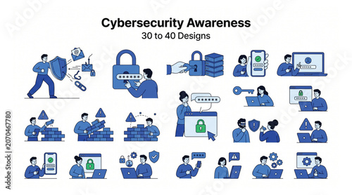 Cybersecurity awareness and digital protection flat vector icon set with cybersecurity security protection internet password infographic illustration technology encryption identity