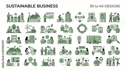 Sustainable business eco-friendly practices and environmental solutions vector set with sustainable business environment conservation corporate responsibility renewable recycling friendly