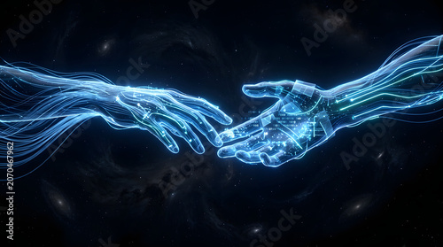Futuristic digital hands connecting in deep space representing human and artificial intelligence collaboration and technological synergy in the modern era