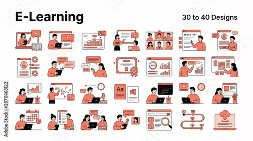 Fotografi Comprehensive e-learning and online training vector illustration icons set with