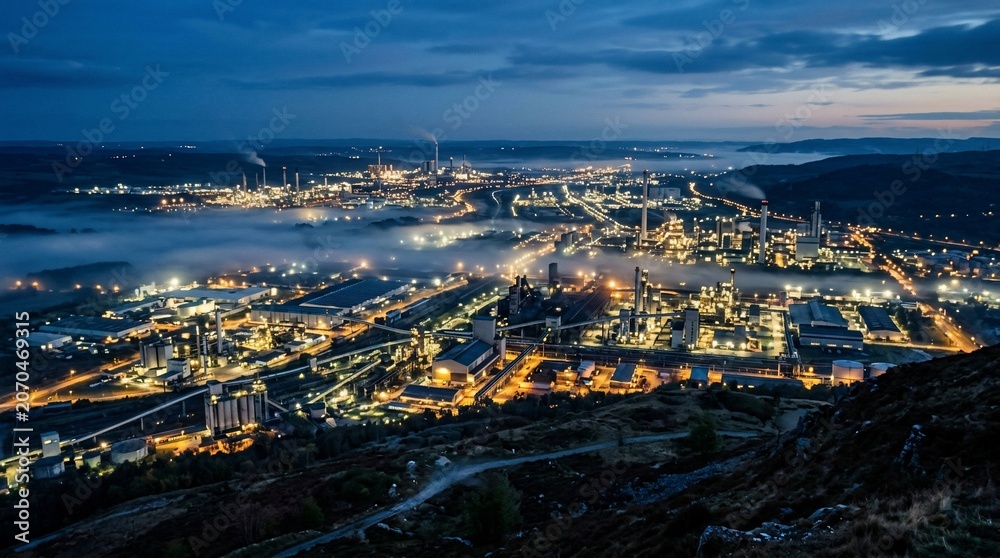 Obraz premium Aerial view of a sprawling industrial port facility at twilight.