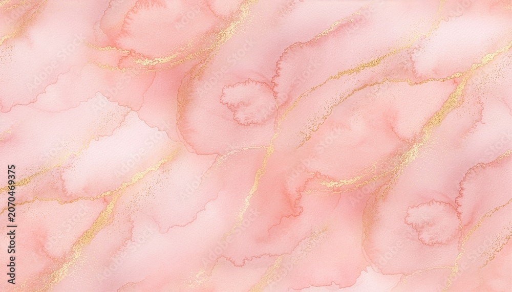 Fototapeta premium Pink rose gold marble texture with gold glitter veins watercolor background