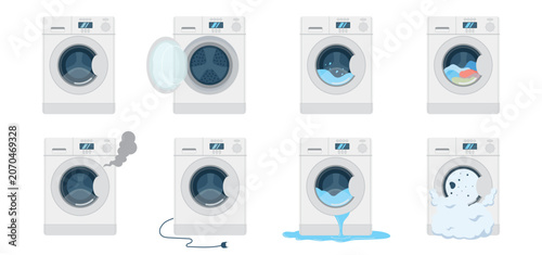 Common Washing Machine Problems and Failures Set, Household Laundry Appliance Repair Icons Vector Illustration
