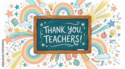 Happy teachers day illustration chalkboard with thank you message apples and school supplies