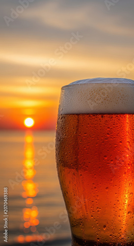 Cold glass of beer with foam at sunset over the ocean water