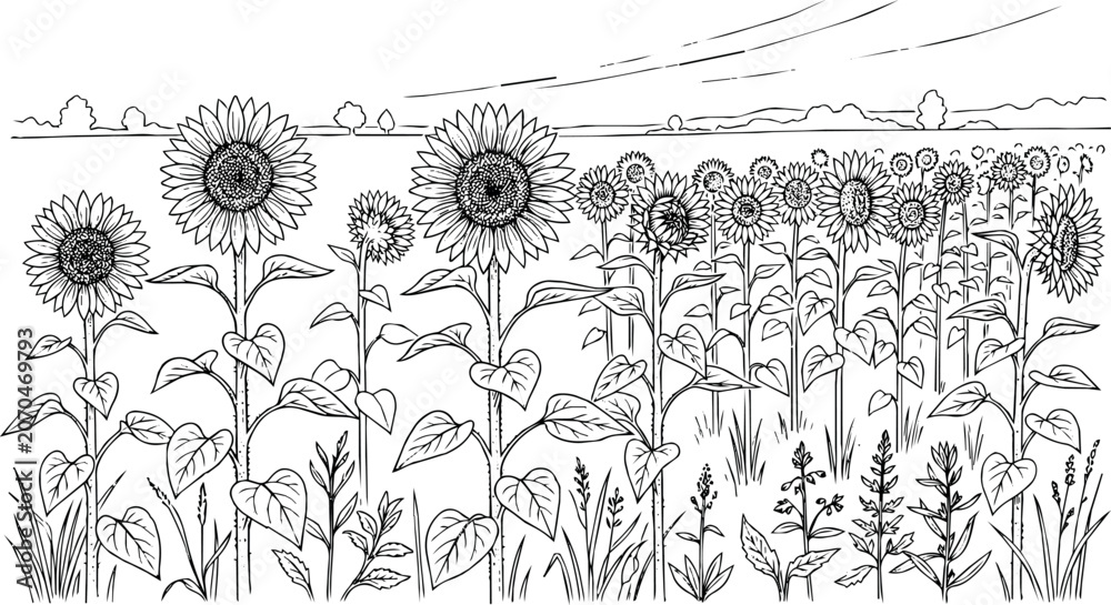 Fototapeta premium Line art of a field of blooming sunflowers with leaves and grass