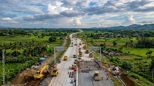 Aerial View of Highway Construction Project in Rural Landscape.