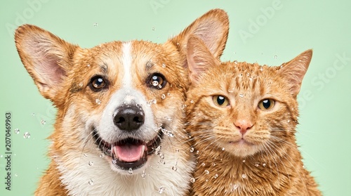 Corgi and Ginger Cat Gentle Water Splash Face Shot
