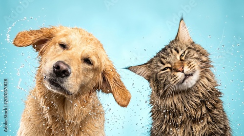 Golden Retriever and Maine Coon Shaking Water Drops Headshot
