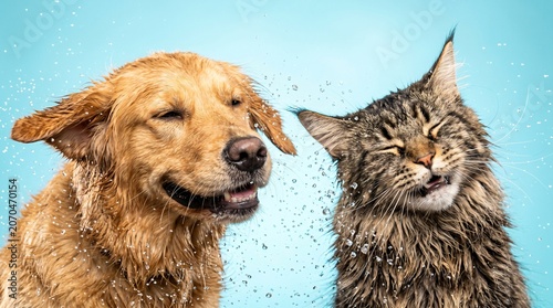 Golden Retriever and Maine Coon Shaking Water Drops Headshot
