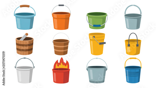 Quadro su tela Colorful set of plastic buckets in a row on a flat surface Vector