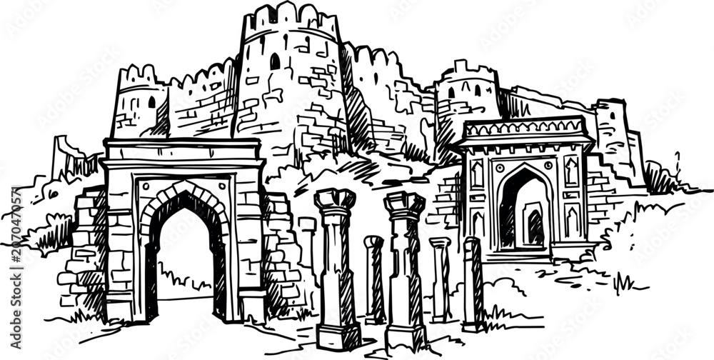 Naklejka premium Ancient fortress with stone arches and columns in historic ruins