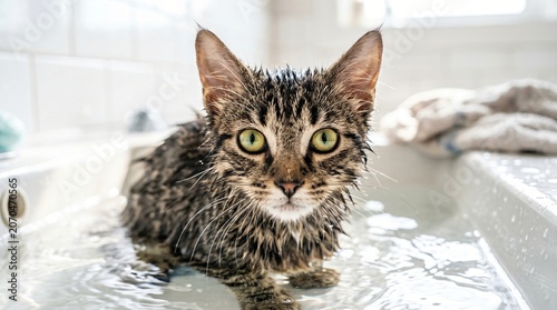 Wet Fur Tabby Cat with Bright Eyes Portrait

