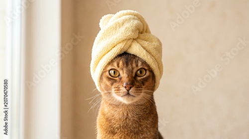 Abyssinian Cat with Towel Turban Headshot