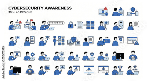 Cybersecurity awareness and digital protection icon set vector illustration with cybersecurity protection security internet technology illustration software information password computer