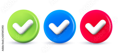 Colorful 3d checkmark circle icons set, realistic plastic check mark vector collection for interface confirmation, task management, success payment or approval