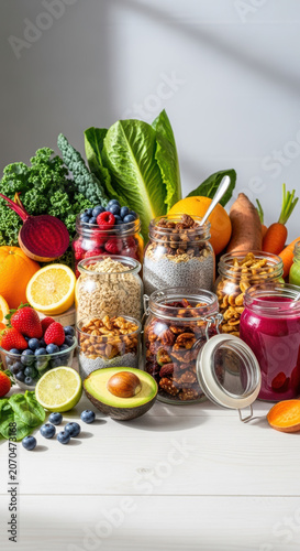 Fresh healthy food with jars of granola and berries on a wooden table surface
