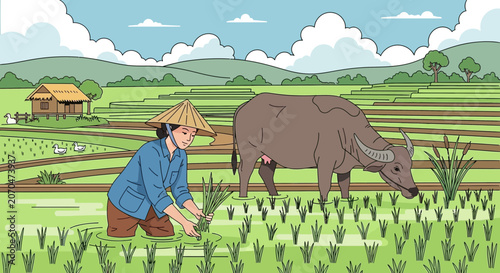 Farmer Planting Rice Seedlings in Terraced Paddy Fields with Water Buffalo