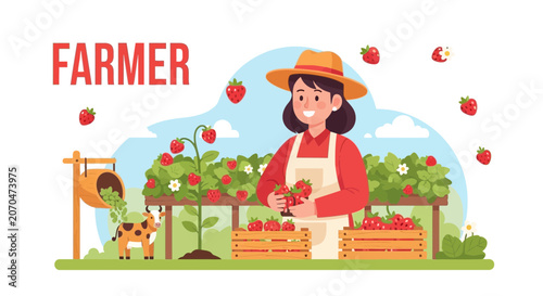 Happy Farmer Harvesting Fresh Strawberries in Sunny Field