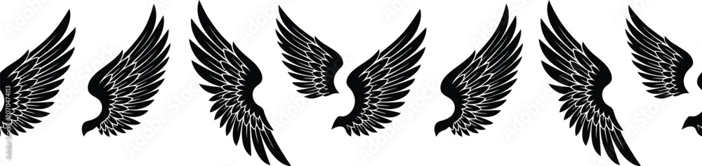 Fototapeta premium Angel and eagle wings silhouette vector collection set isolated on white background graphic element clipart