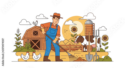 Farmer Working on Sunny Day with Livestock and Crops in Rural Setting