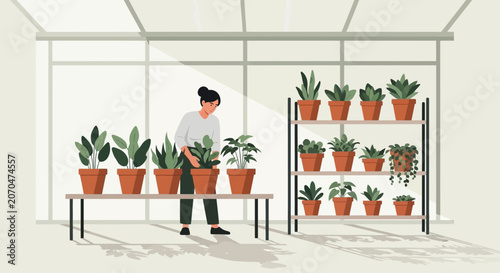 Woman Tending Indoor Plants in Bright Sunlit Greenhouse Space