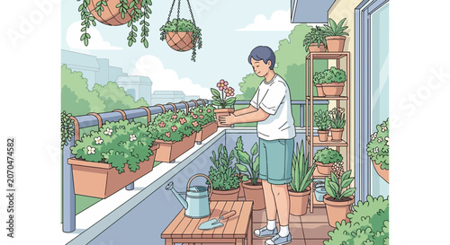 Young Gardener Tending Indoor Plants on Bright Urban Balcony